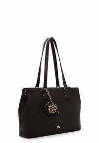 Black leather tote bag with textured finish, dual flat handles, and leopard-print keychain accent. Features a subtle gold logo on the front.