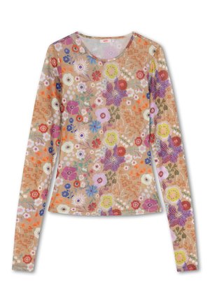 Langermige top in een tan bloemenpatroon met kleurrijke bloemen, ronde halslijn en zachte, lichte stof.
