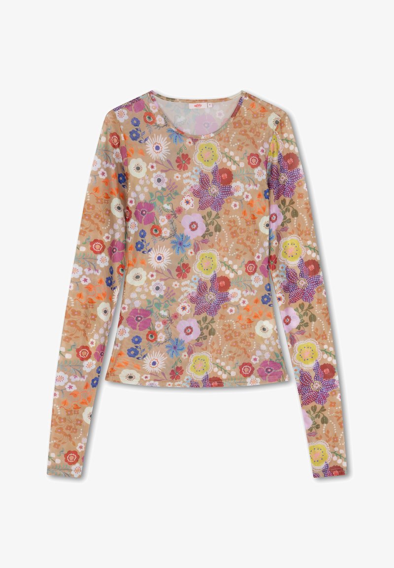 Langermige top in een tan bloemenpatroon met kleurrijke bloemen, ronde halslijn en zachte, lichte stof.