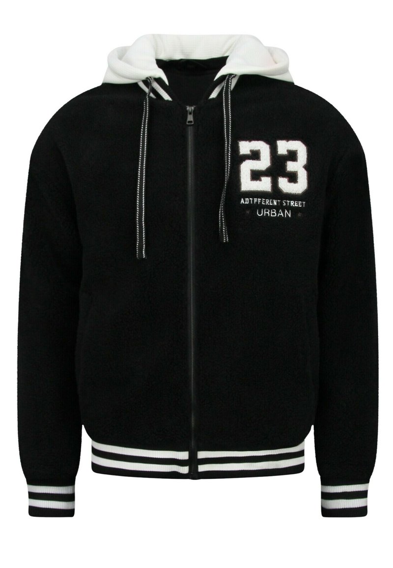 Zwarte hoodie met ritssluiting, gemaakt van een knusse, gestructureerde stof, wit gevoerde capuchon en gestreepte manchetten. Voorzien van het nummer "23" en tekst op de borst.