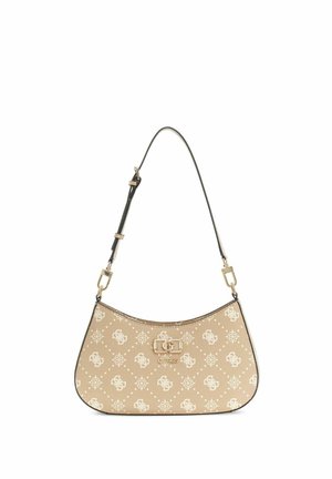 Sac épaule beige avec motifs monogramme crème, fermoir doré, sangle noire réglable et logo "Guess" sur le devant.