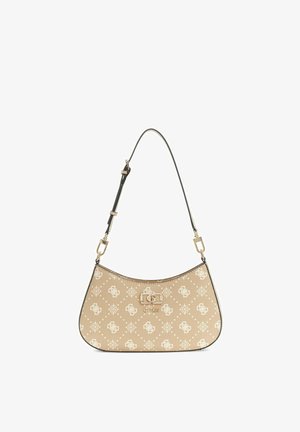Sac épaule beige avec motifs monogramme crème, fermoir doré, sangle noire réglable et logo "Guess" sur le devant.