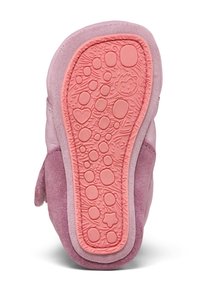 Rosa Wildledersohle mit einer leuchtend pinken Gummibasis, die über Muster aus Blasen und Herzen für optimale Griffigkeit verfügt. Runde Form mit gepolsterten Kanten.