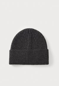 Knitted black beanie with a ribbed texture and a folded cuff. Made from a soft, warm material suitable for cold weather.