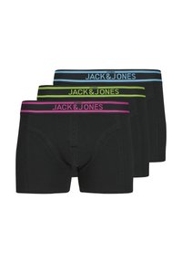 Boxer shorts noirs de Jack & Jones. Ils présentent des tailles élastiques colorées en rose, vert et bleu, avec le logo de la marque et des détails de couture.