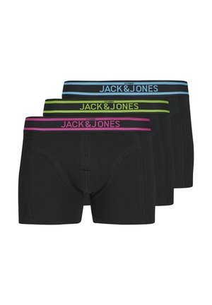 Black boxers from Jack & Jones. Features colorful elastic waistbands in pink, green, and blue, with brand logo and stitching details.