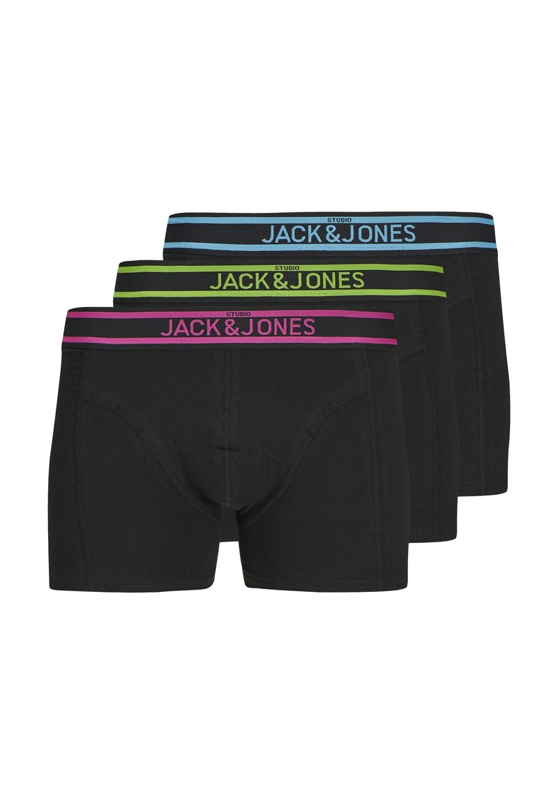 Boxer shorts noirs de Jack & Jones. Ils présentent des tailles élastiques colorées en rose, vert et bleu, avec le logo de la marque et des détails de couture.