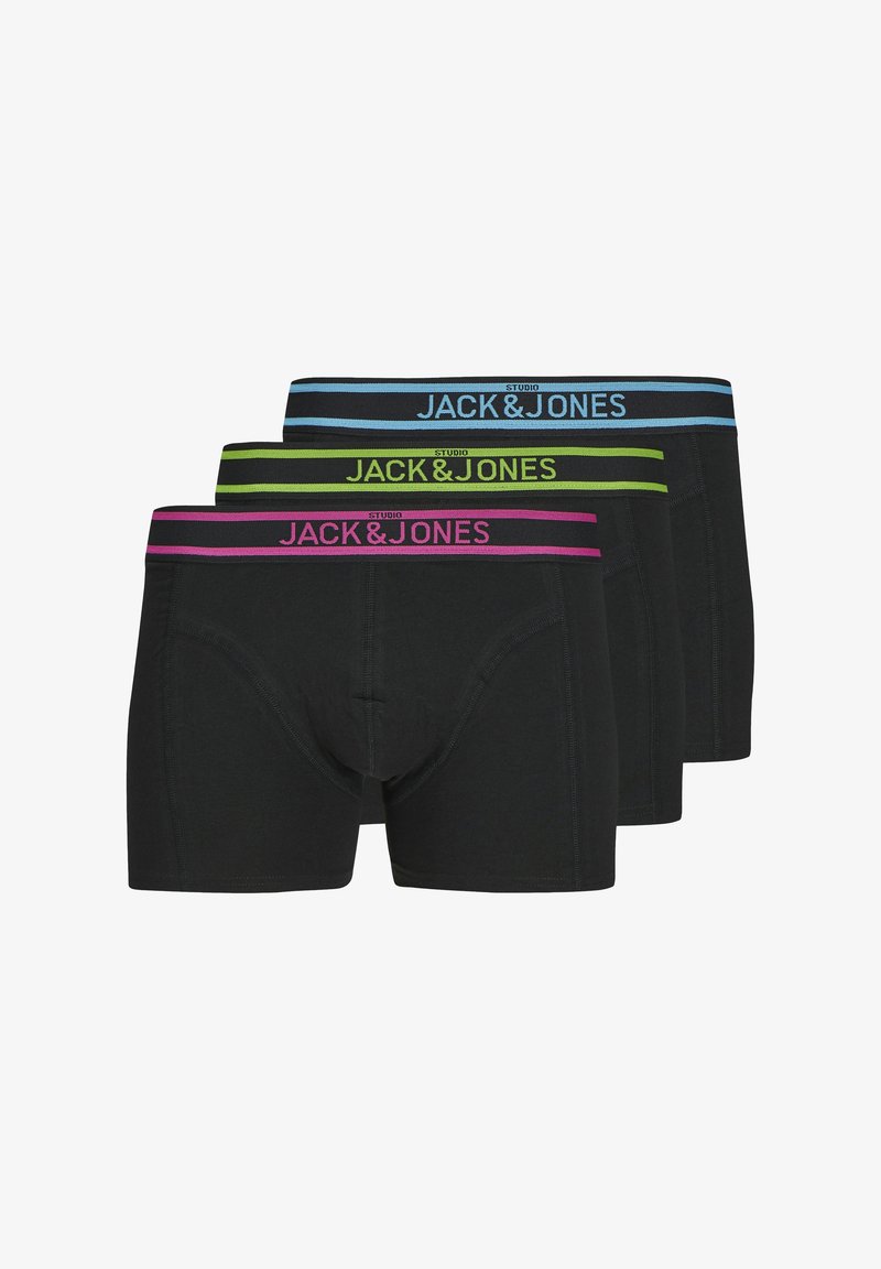 Boxer shorts noirs de Jack & Jones. Ils présentent des tailles élastiques colorées en rose, vert et bleu, avec le logo de la marque et des détails de couture.