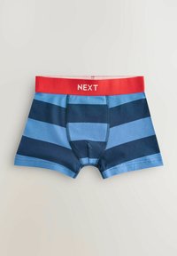 Caleçons boxers rayés en bleu et marine avec une ceinture élastique rouge portant l'inscription "NEXT". Fabriqués en tissu lisse, avec une poche à l'avant et des coutures surpiquées.