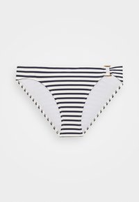 Μπικίνι κάτω μέρος με ναυτικό και λευκές ρίγες, με αδιαφανές λευκό εσωτερικό, που διαθέτει λεπτομέρειες από χρυσή σκλήρυνση και υφασμάτες πλευρικές προσαρμογές.