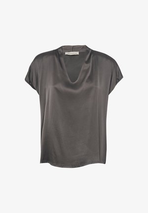 Blusa grigia a maniche corte realizzata in tessuto morbido. Presenta un collo a V e una vestibilità rilassata, con un orlo leggermente arrotondato e cuciture minime.