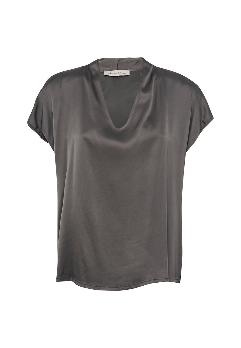 Blusa grigia a maniche corte realizzata in tessuto morbido. Presenta un collo a V e una vestibilità rilassata, con un orlo leggermente arrotondato e cuciture minime.
