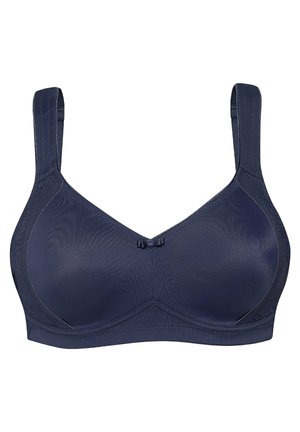 Navy blue bra with smooth cups, adjustable straps, and a decorative bow detail at the center. Fabric appears soft with subtle texture.