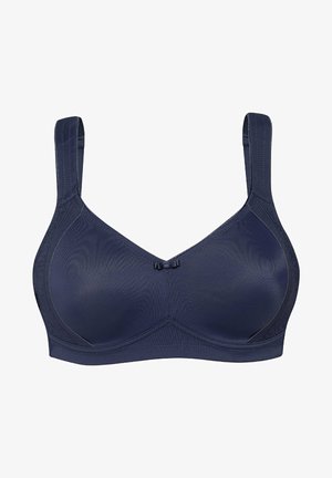 Navy blue bra with smooth cups, adjustable straps, and a decorative bow detail at the center. Fabric appears soft with subtle texture.