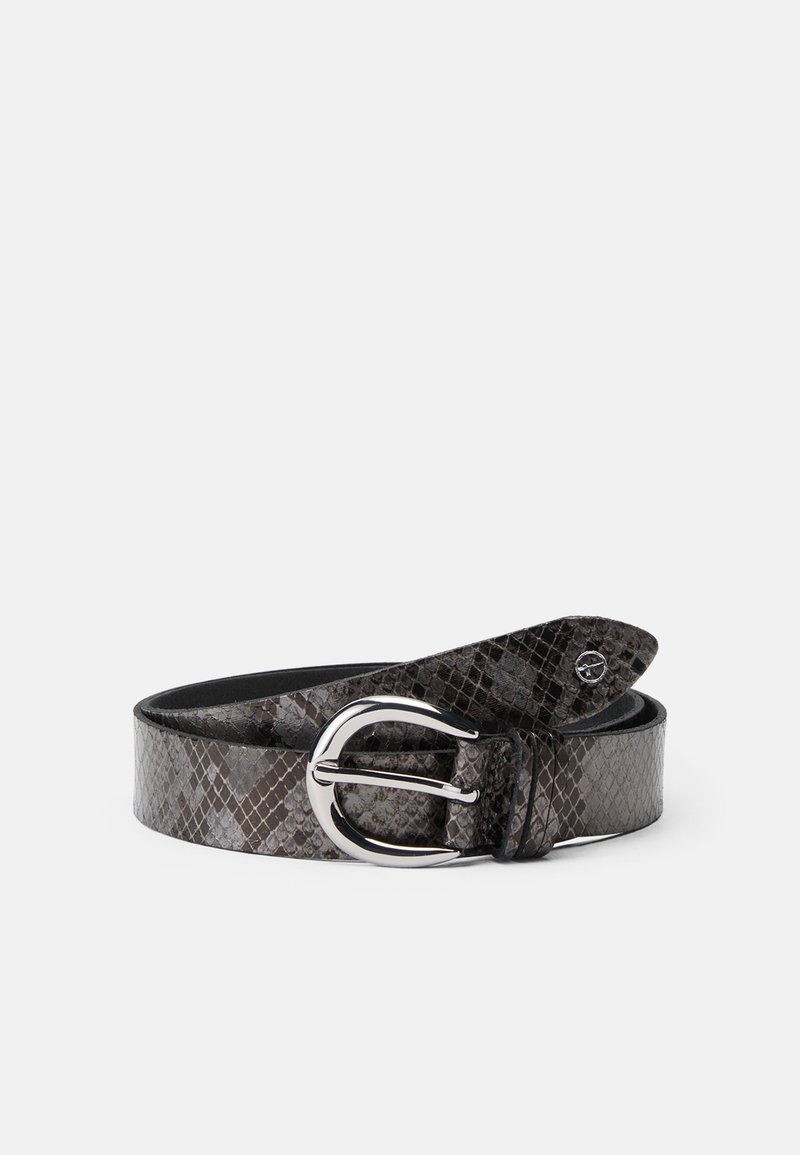 Belt with a textured snakeskin pattern in shades of gray, featuring a silver round buckle and a smooth black leather inner lining.
