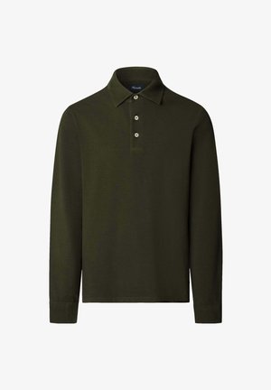 Long-sleeve polo shirt in dark green fabric. Features a classic collar, three-button placket, and fitted cuffs. Smooth texture, no patterns.