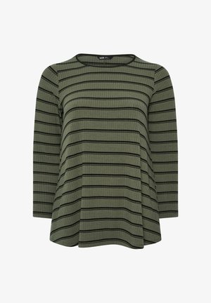Oliwkowa, prążkowana bluzka z długim rękawem, z czarnymi poziomymi paskami i okrągłym dekoltem.