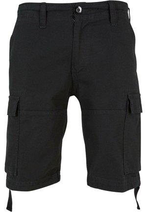 Mustat cargo-shortsit, jotka on valmistettu puuvillakankaasta ja joissa on suuret sivutaskut, etunappikiinnitys sekä säädettävä lahje vetoketjulla.