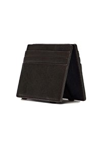 Black leather cardholder with multiple card slots, smooth texture, and a sleek, minimalist design. Stands upright for easy access.