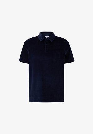 Navy blue polo shirt made of soft, textured fabric. Features a classic collar and two-button placket. Short sleeves and straight hem.