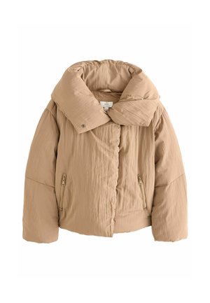 Beige pufferjack met een grote kraag, gestructureerde stof, ritszakken aan de zijkanten en een knoopsluiting aan de voorkant.