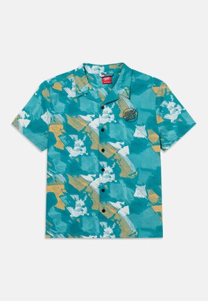 Teal short-sleeve button-up shirt with abstract white and mustard brushstroke pattern and small circular logo on left chest.
