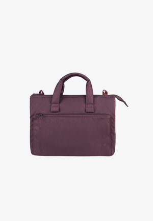 Borsa per laptop in nylon viola con doppi manici, tasca frontale con zip e logo del marchio discreto; texture liscia e design minimalista.