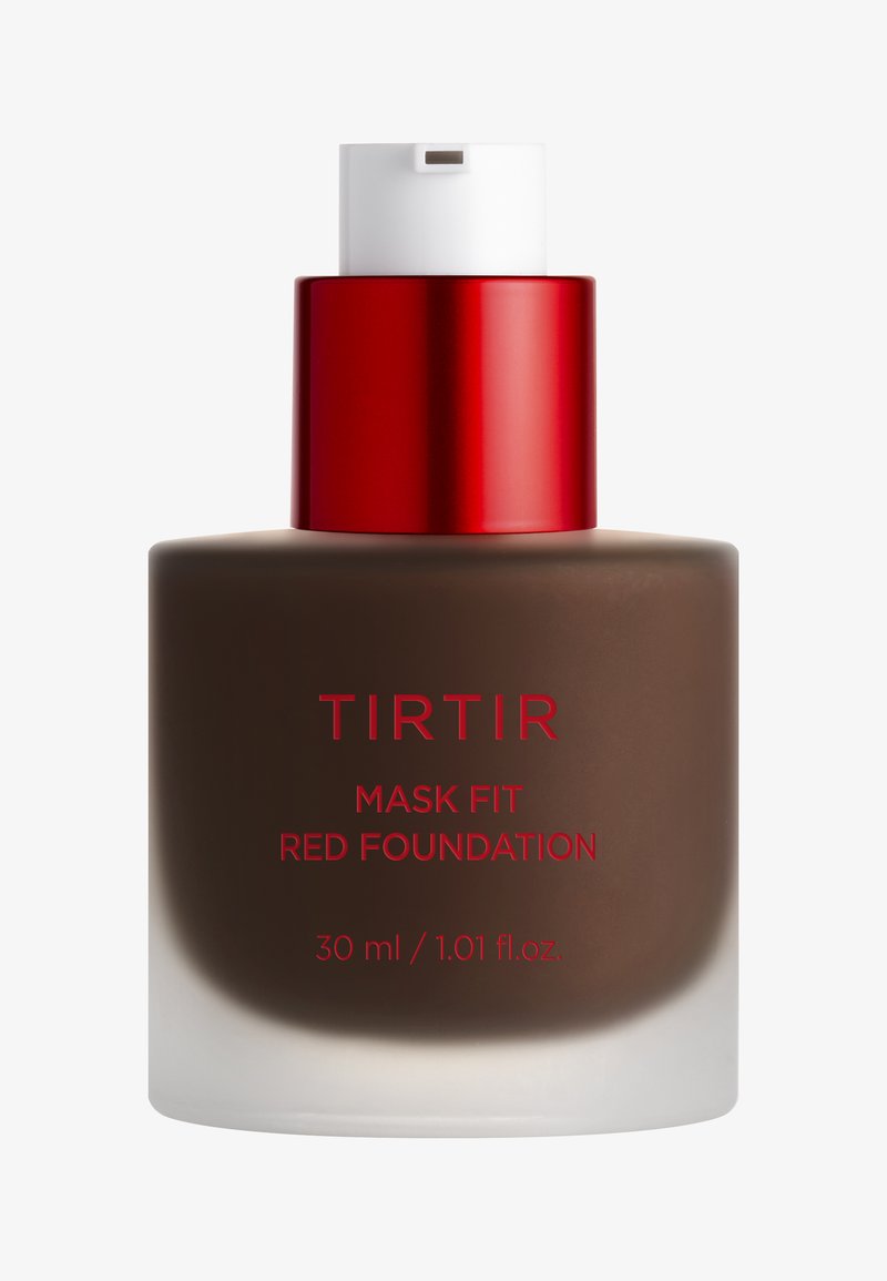 TIRTIR Mask Fit Red Foundation in a round glass bottle with a matte brown body, glossy red cap, and white dispenser, labeled with key details.