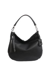 Sac à main en cuir noir au design décontracté, comportant une poche zippée, des finitions en métal argenté et une courte bandoulière. Étiquette de logo attachée.