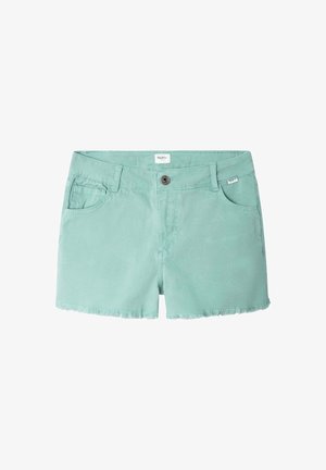 Mintgrüne Jeansshorts mit ausgefranstem Saum, mit vorderer Knopfleiste und zwei Taschen auf der Vorderseite. Leichtes Gewebe.
