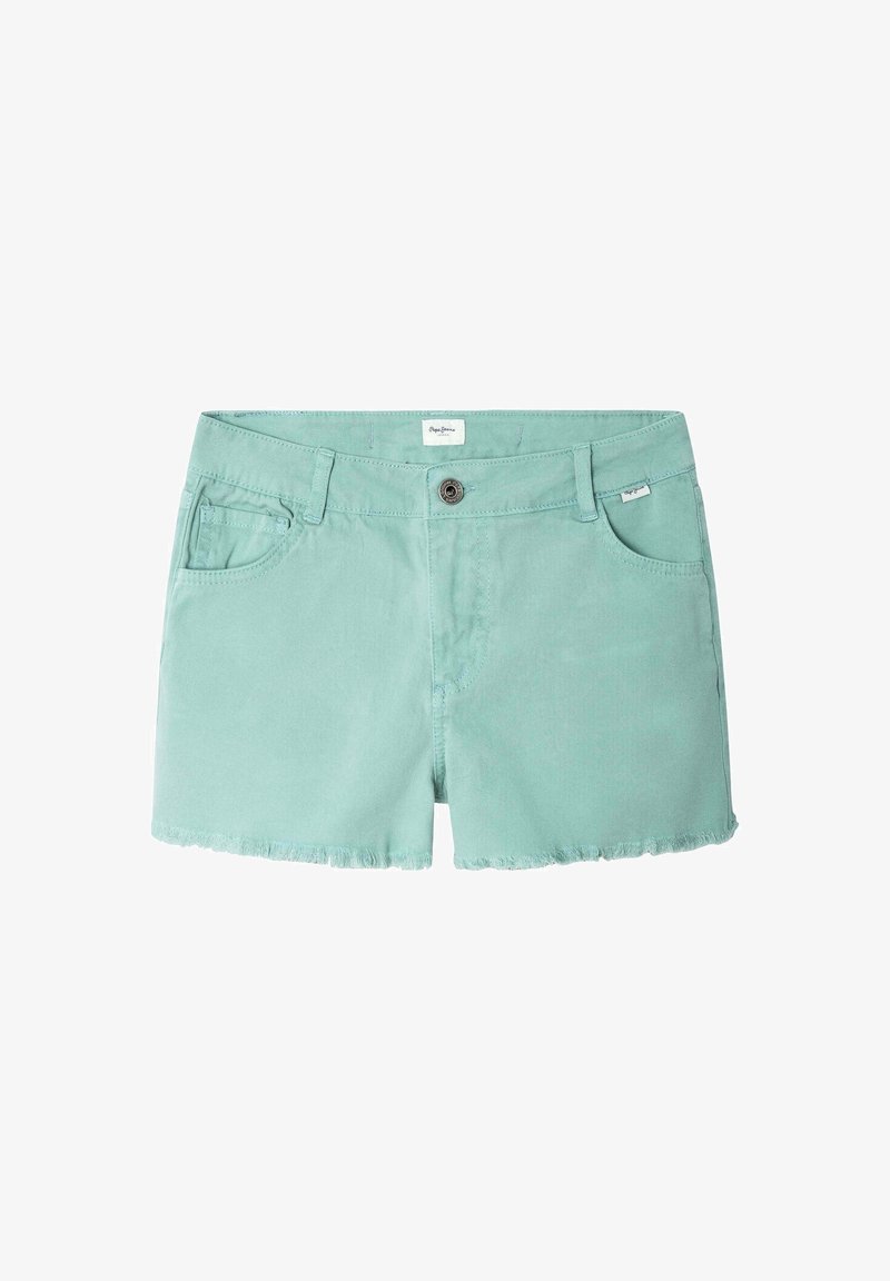 Short en jean vert menthe avec un ourlet effiloché, comportant une fermeture à boutons sur le devant et deux poches à l'avant. Tissu léger.