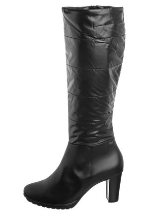 Bottes noires montantes avec une tige brillante et matelassée et une partie inférieure en cuir lisse. Caractéristiques d'un talon épais et d'une semelle texturée.