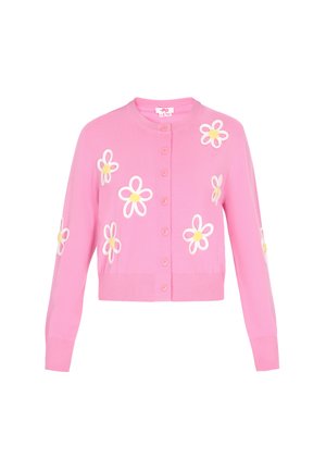 Cardigan de punto rosa con bordados de flores blancas y amarillas, cuello redondo, cierre frontal con botones y puños y dobladillo acanalados.