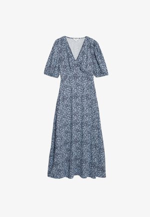 Robe florale marine avec de courtes manches bouffantes, un décolleté en V et un corsage ajusté s'évasant en jupe évasée, fabriquée en tissu léger.