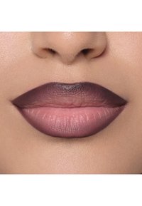 Diseño de lápiz labial mate, con un degradado que va de ciruela oscuro a rosa suave en unos labios completos, con una textura suave y una forma definida.