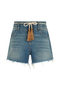 Shorts in denim di un blu chiaro con orlo a frangia, dotati di una vita con cordoncino bianco e nappine dorate e due tasche frontali.