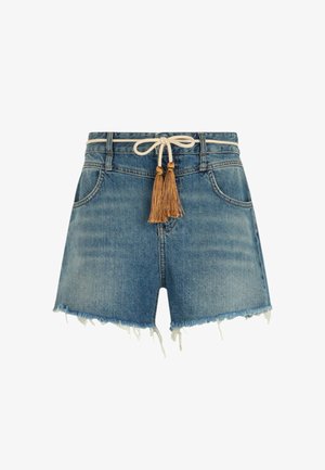 Shorts in denim di un blu chiaro con orlo a frangia, dotati di una vita con cordoncino bianco e nappine dorate e due tasche frontali.
