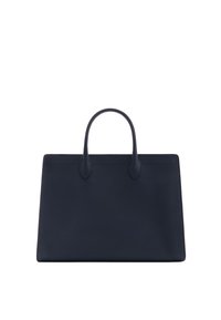 Navy leather tote bag with smooth texture, rectangular shape, dual handles, and minimalistic design. No visible hardware or accents.