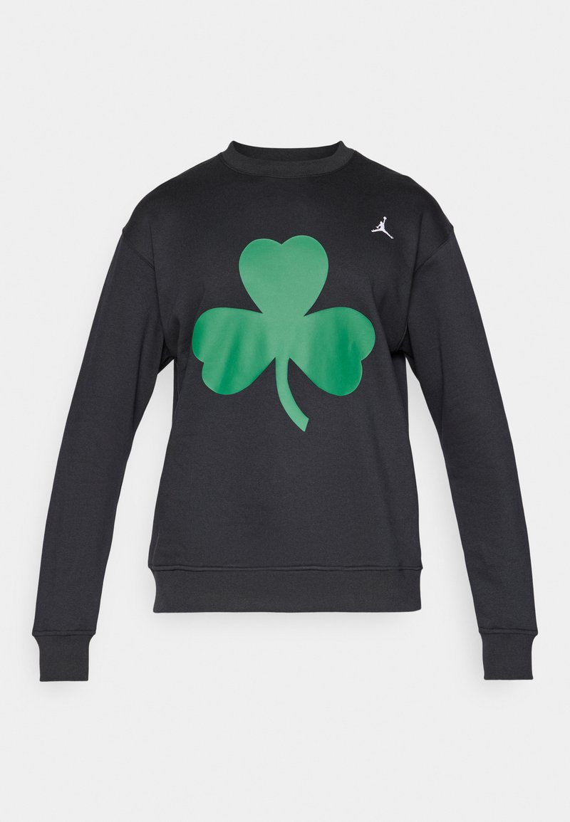Black long-sleeve sweatshirt with a large green shamrock on the chest and a small white logo near the right shoulder.