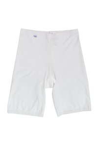 Shorts bianchi in cotone con una texture morbida, vita elastica e ricami decorativi lungo l'orlo. Design di lunghezza media con un taglio curvo.