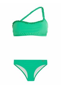 Zeleni bikini set s naboranim detaljima na vrhu i odgovarajućim donjim dijelom, izrađen od glatkog materijala s blagom točkastom teksturom.