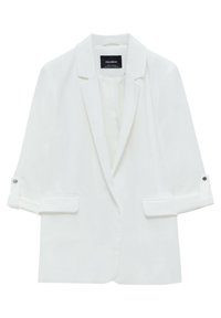 Blazer blanco ajustado con cierre de un solo botón, mangas de 3/4 con puños enrollados y bolsillos con solapa; tela suave con un acabado mate.