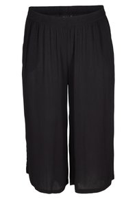 Pantalons culottes noirs en tissu léger et fluide. Dotés d'une taille élastique et de poches latérales, avec une coupe mi-mollet.