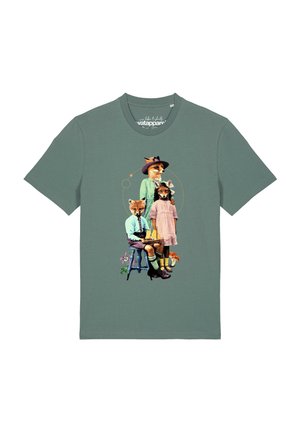 Green t-shirt with a graphic of three fox-headed figures dressed in vintage clothing, posing like a family portrait with flowers and a stool.