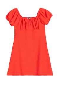 Robe rouge avec un décolleté carré, des manches courtes bouffantes et une coupe décontractée. Confectionnée en tissu texturé avec des détails froncés au niveau du bodice.