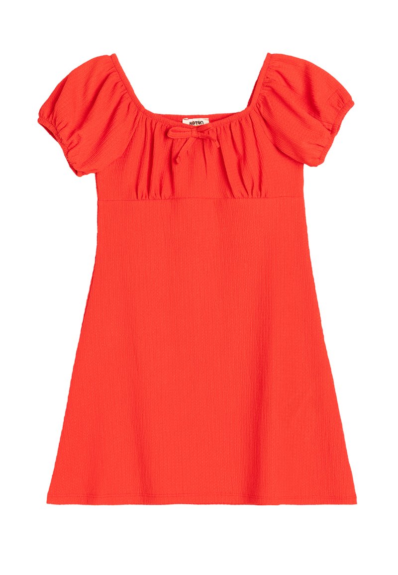Robe rouge avec un décolleté carré, des manches courtes bouffantes et une coupe décontractée. Confectionnée en tissu texturé avec des détails froncés au niveau du bodice.