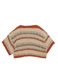 Kurze ärmelige Strickpullover in orange, creme, grün und braunen Streifen. Strukturierter Stoff mit einem lockeren, cropped Design und weiten Ärmeln.