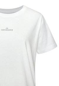 White cotton t-shirt with a round neckline. Features a small gray bicycle graphic above the text "COPENHAGEN" on the upper left.
