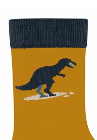 Żółta skarpetka z ciemnoniebieskim wzorem dinozaura T-rexa, z teksturowanym ściągaczem i białą obwódką dla dodatkowych detali.