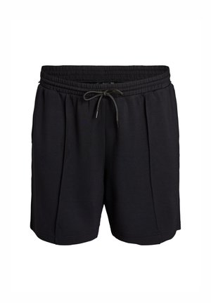 Shorts décontractés noirs avec ceinture élastique et cordon de serrage, présentant des détails de coutures verticales et une coupe décontractée.